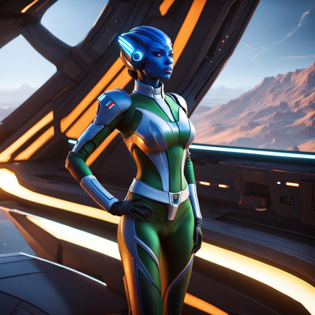 Asari Girl in Space with Orange Sun: Sci-Fi Art