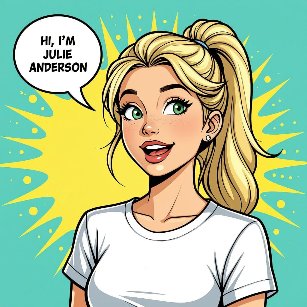 Young Woman Animatedly Introduces Herself with Speech Bubble