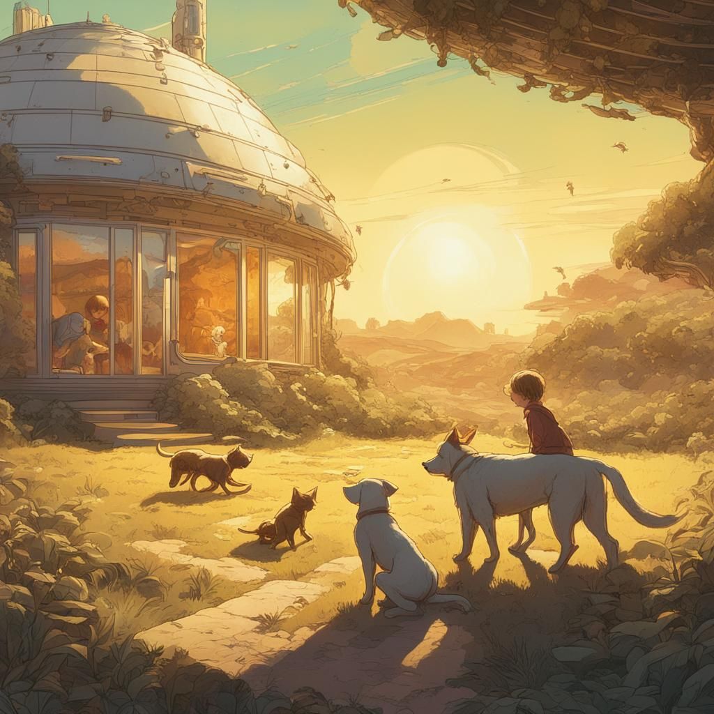 Retrofuturistic Landscape with Children and Animals