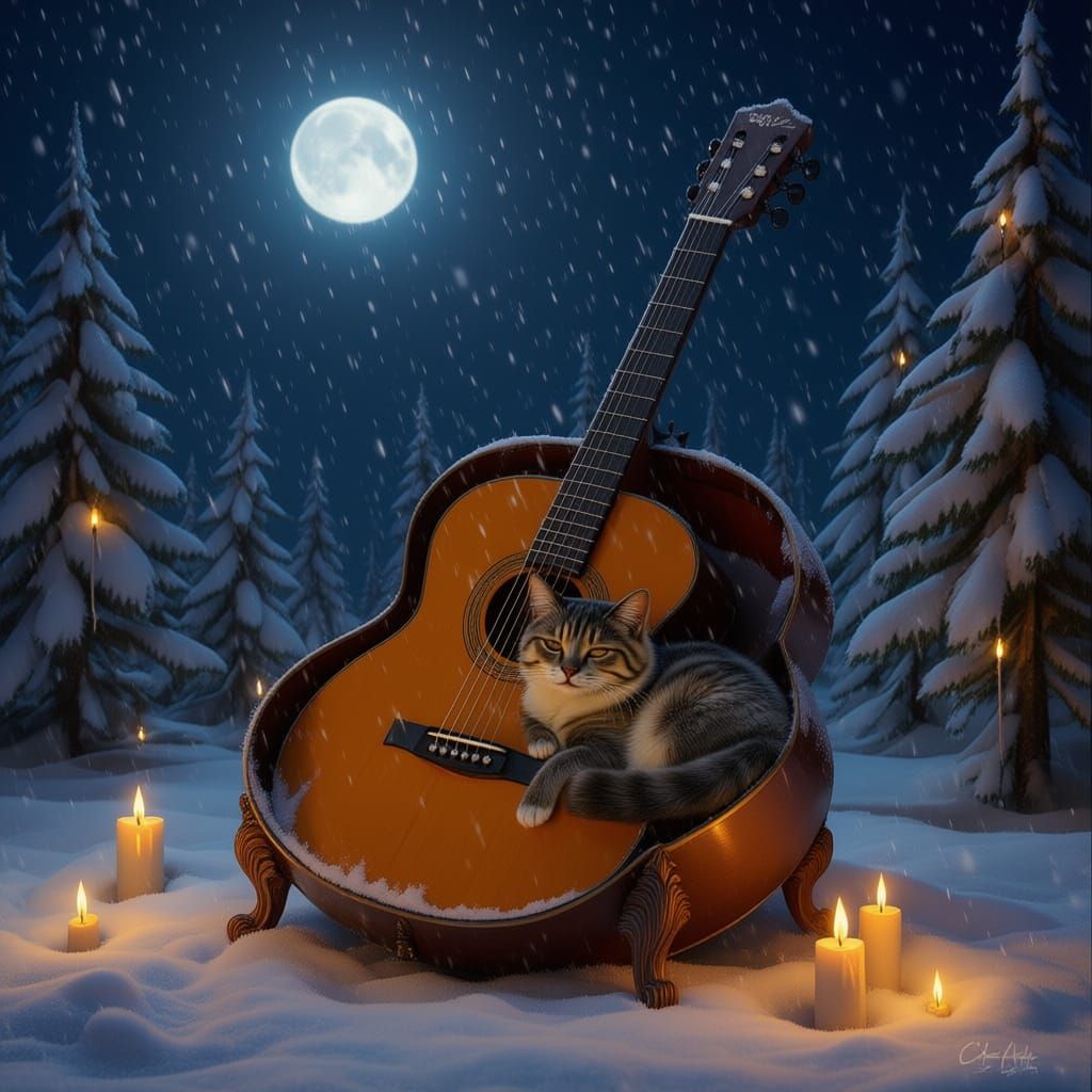 Gray Cat Lounging Inside Acoustic Guitar Case