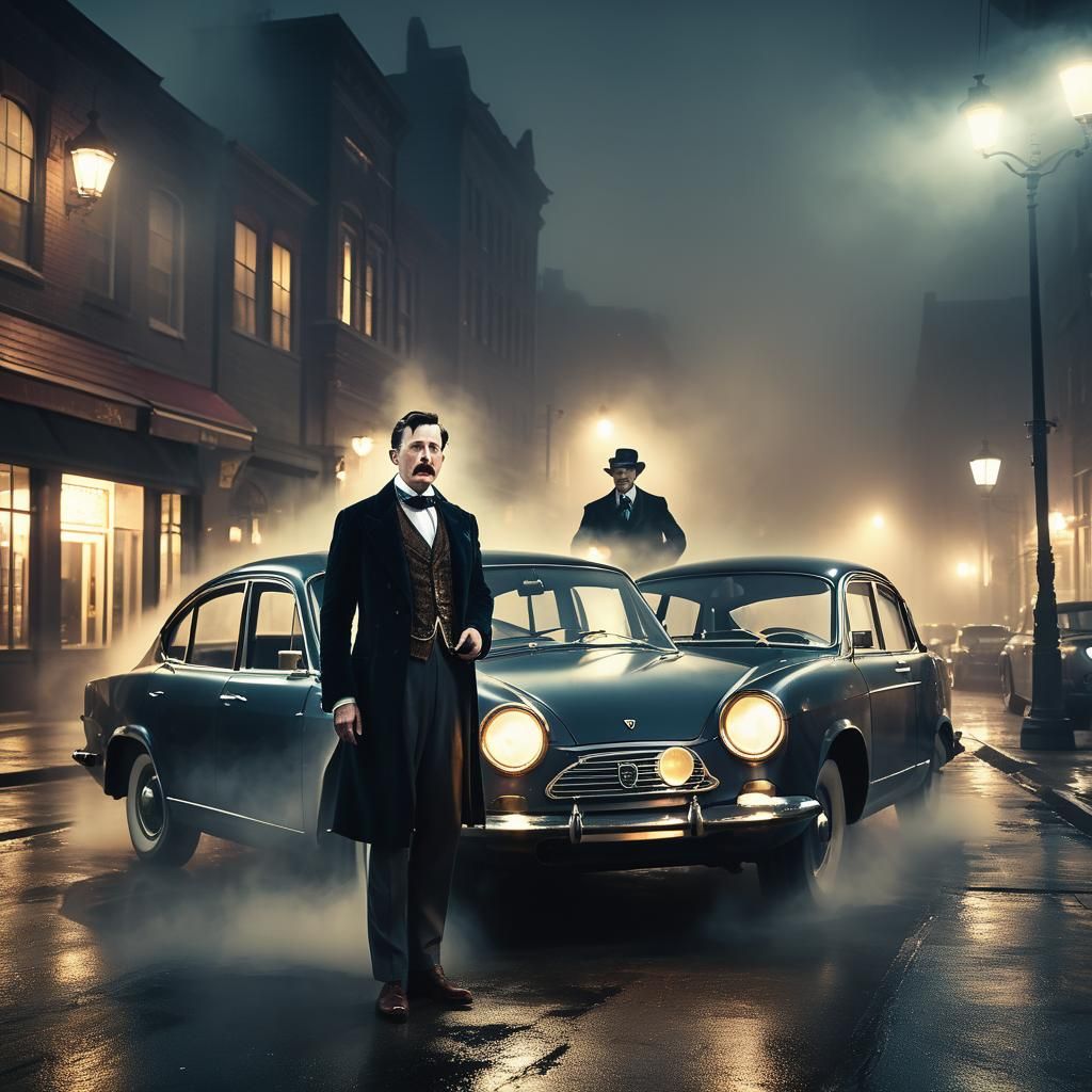 1850s Gentleman's Tesla Encounter: Cinematic Film Still