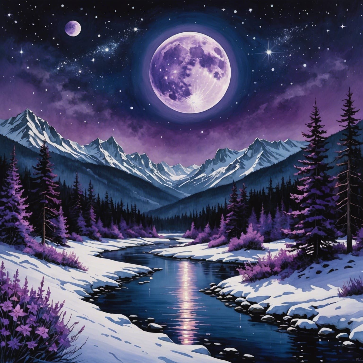 Purple Moon Over Winter Landscape: Digital Illustration