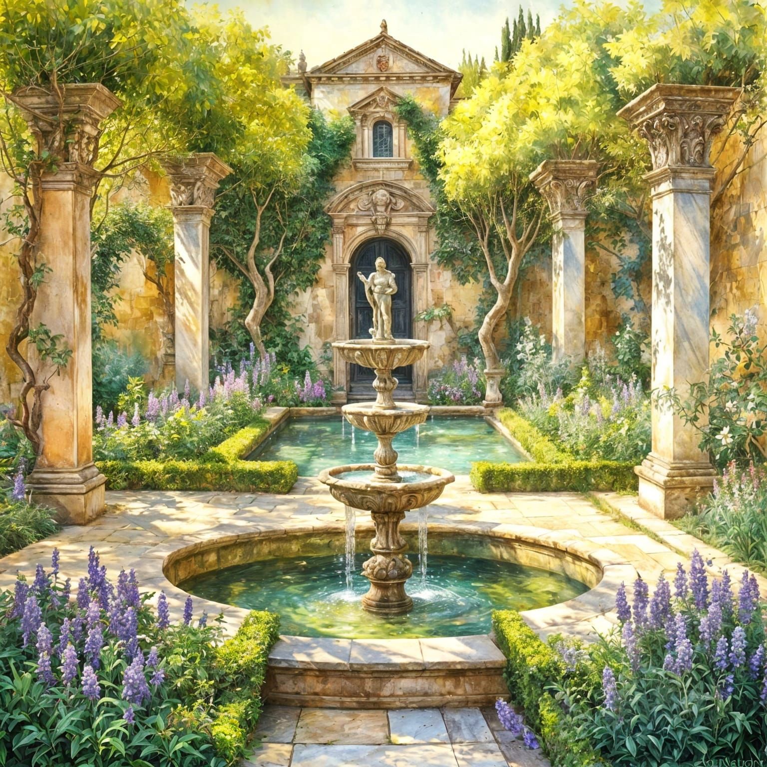 Renaissance Garden with Classical Statues in Watercolour Sty...