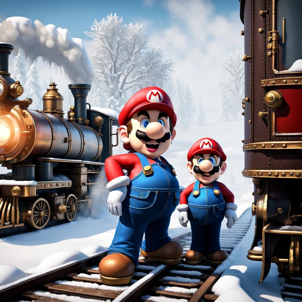 Steampunk Mario Train in Frozen Winter Landscape