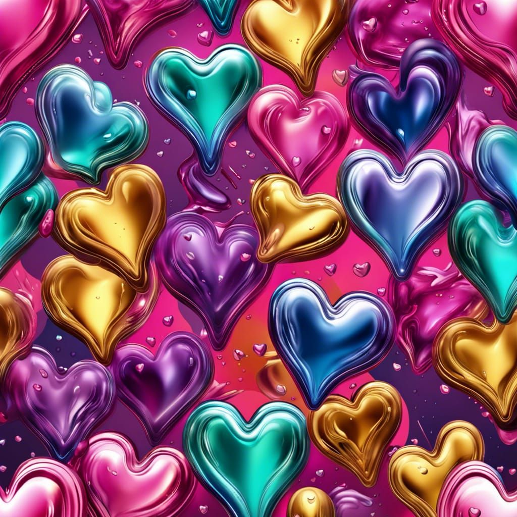 Metallic Colorful Hearts with Liquid Tears