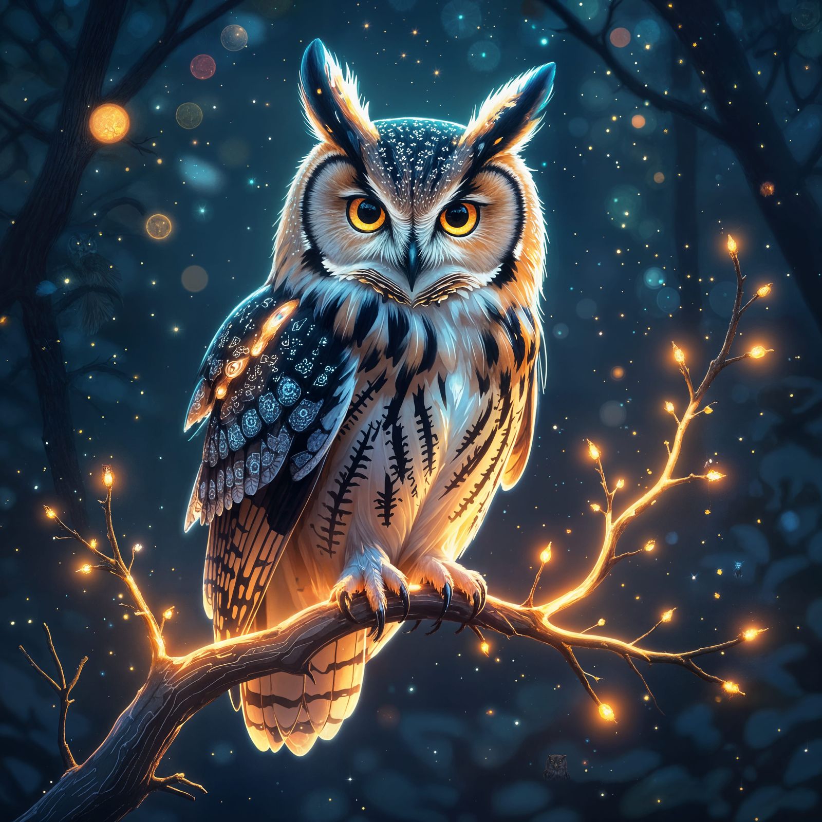 Majestic Bioluminescent Owl in Enchanted Forest, Alcohol Ink