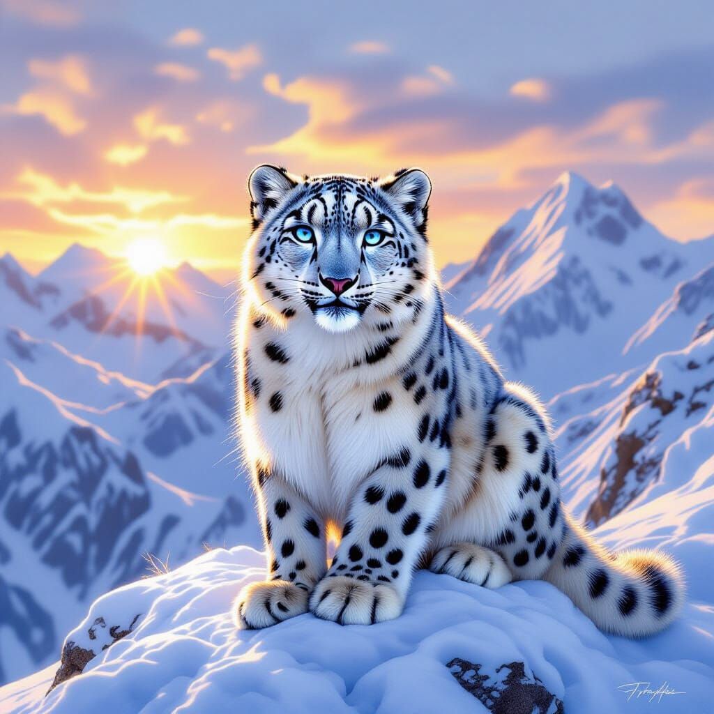 Snow Leopard on Golden Peak: Hyperrealistic Digital Art