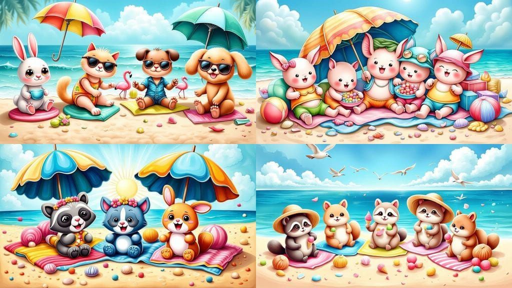 Whimsical Beach Scene in Cozy Pastel Style