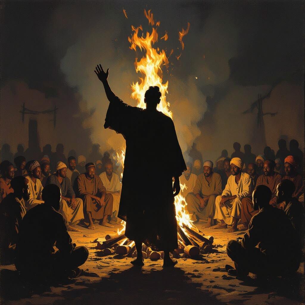 Nocturnal Gathering Around Fire, Dramatic Realist Style