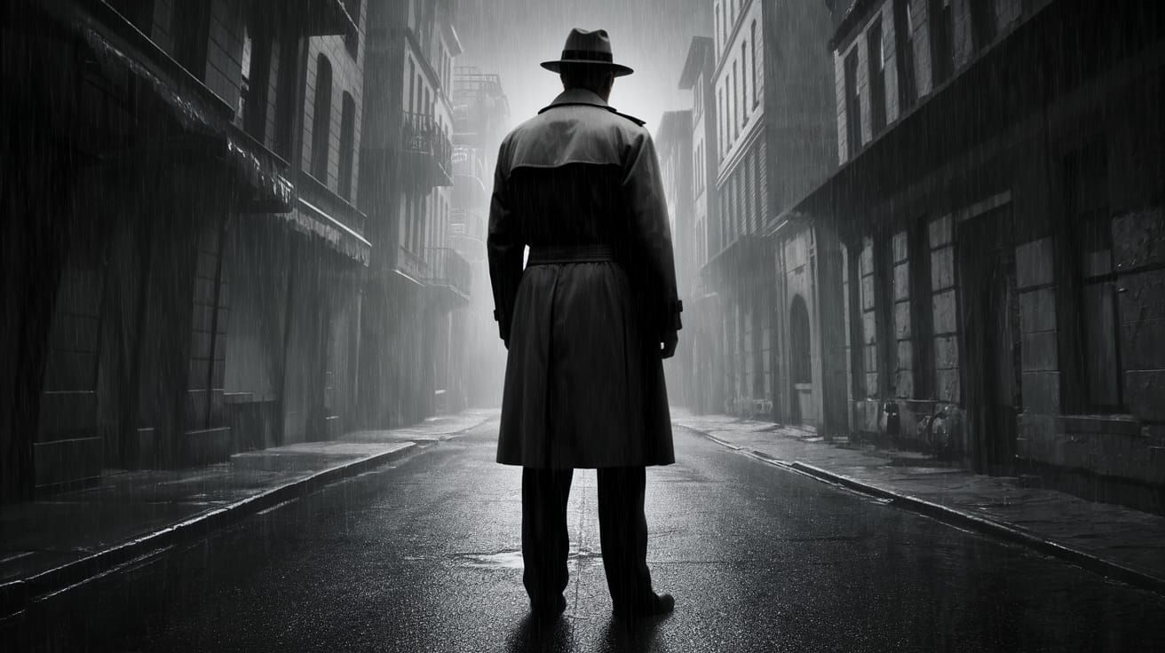 Weathered Detective in Rainy City Streets
