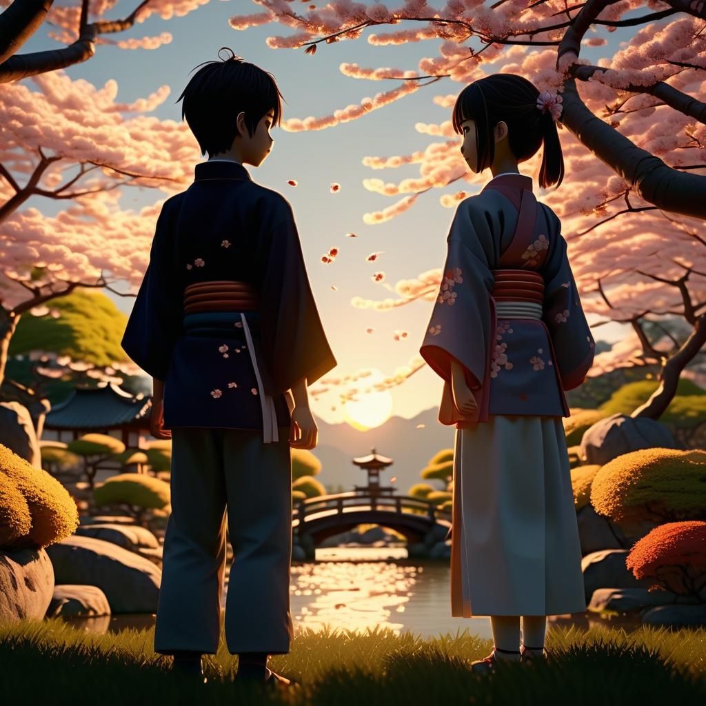 Anime Boy and Girl in Sunset Garden