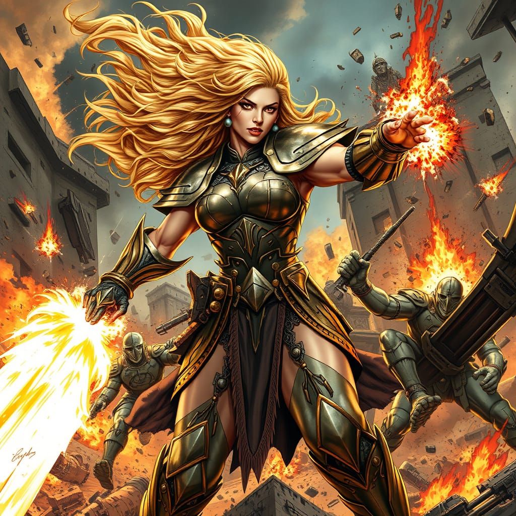 Golden Warrior Attacks in Chaotic Battlefield, Comic Book St...