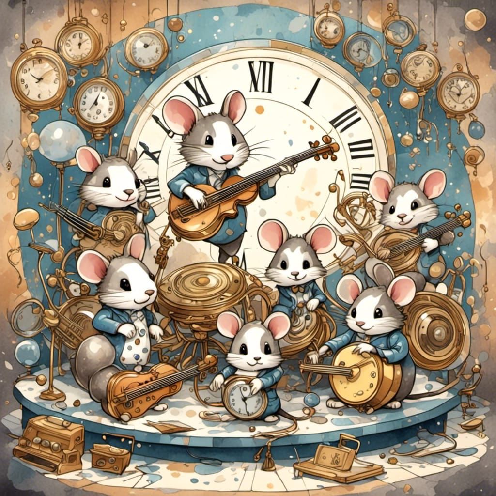 Mouse Jazz Band on Vintage Record Cover: Watercolor Illustra...