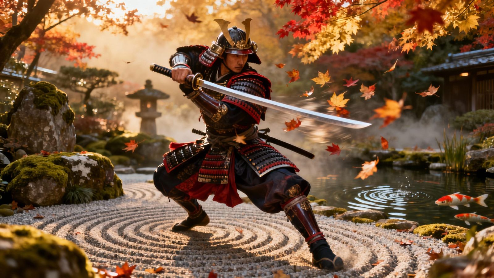 Samurai Warrior Slashing Leaves in Zen Garden