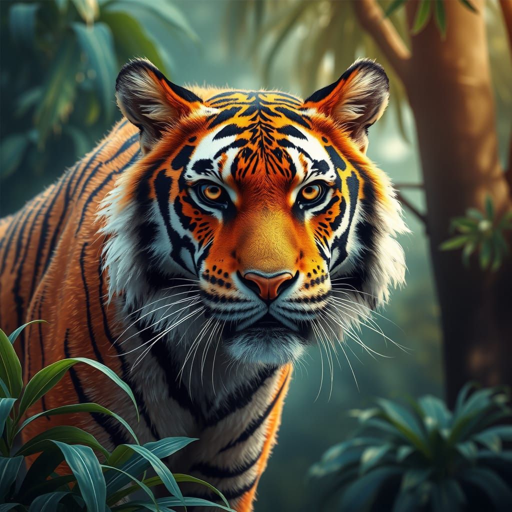 Pointillism, realistic, majestic silhouette of a tiger in jungle,