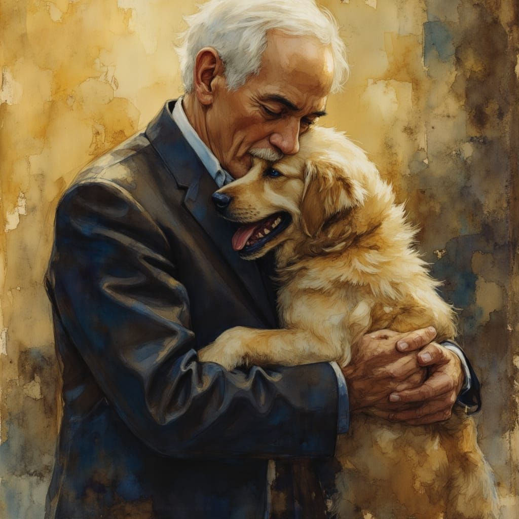 Happy Old Man Hugging Dog: Gouache Watercolour Painting