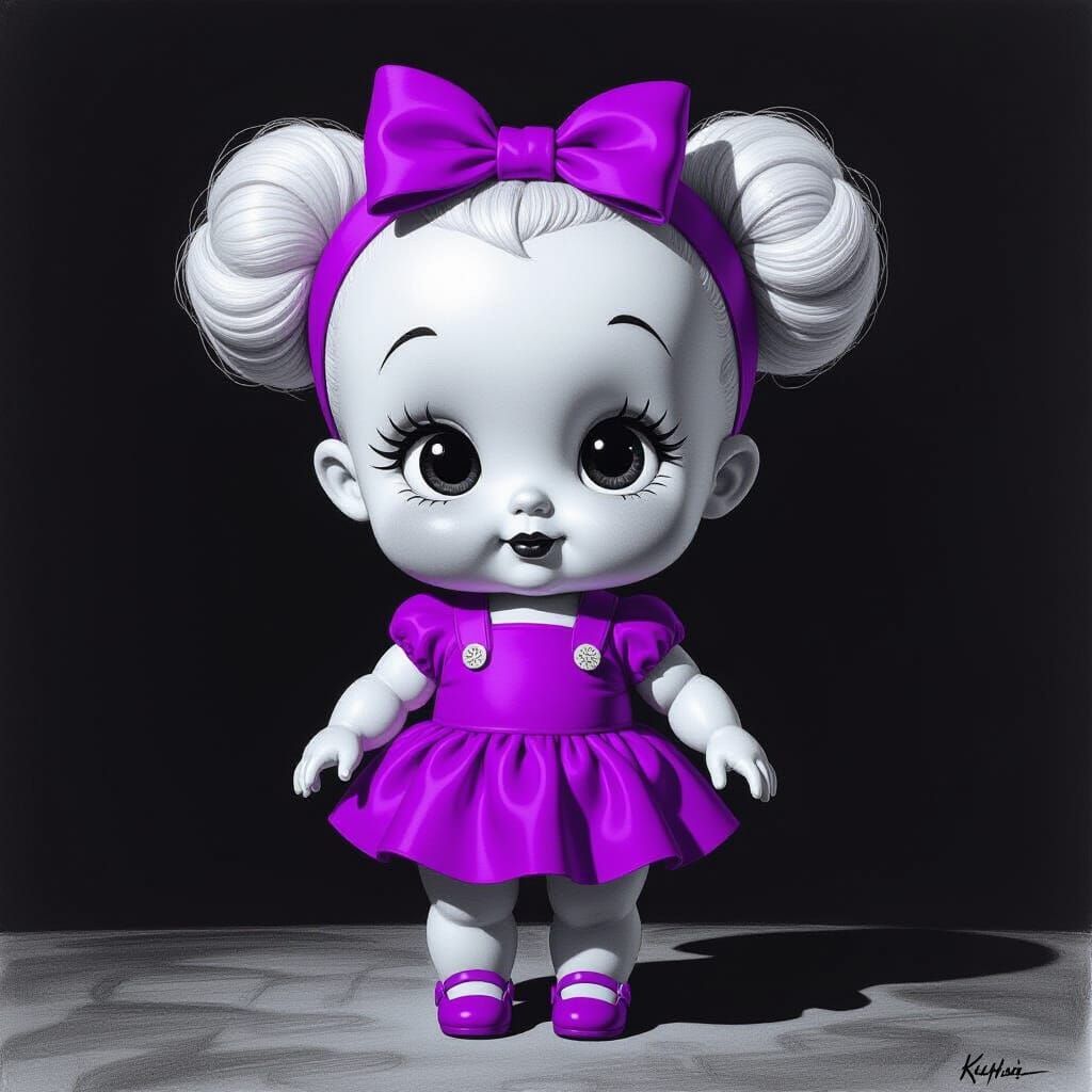 Kewpie Doll in Neon Purple, Charcoal Art Style