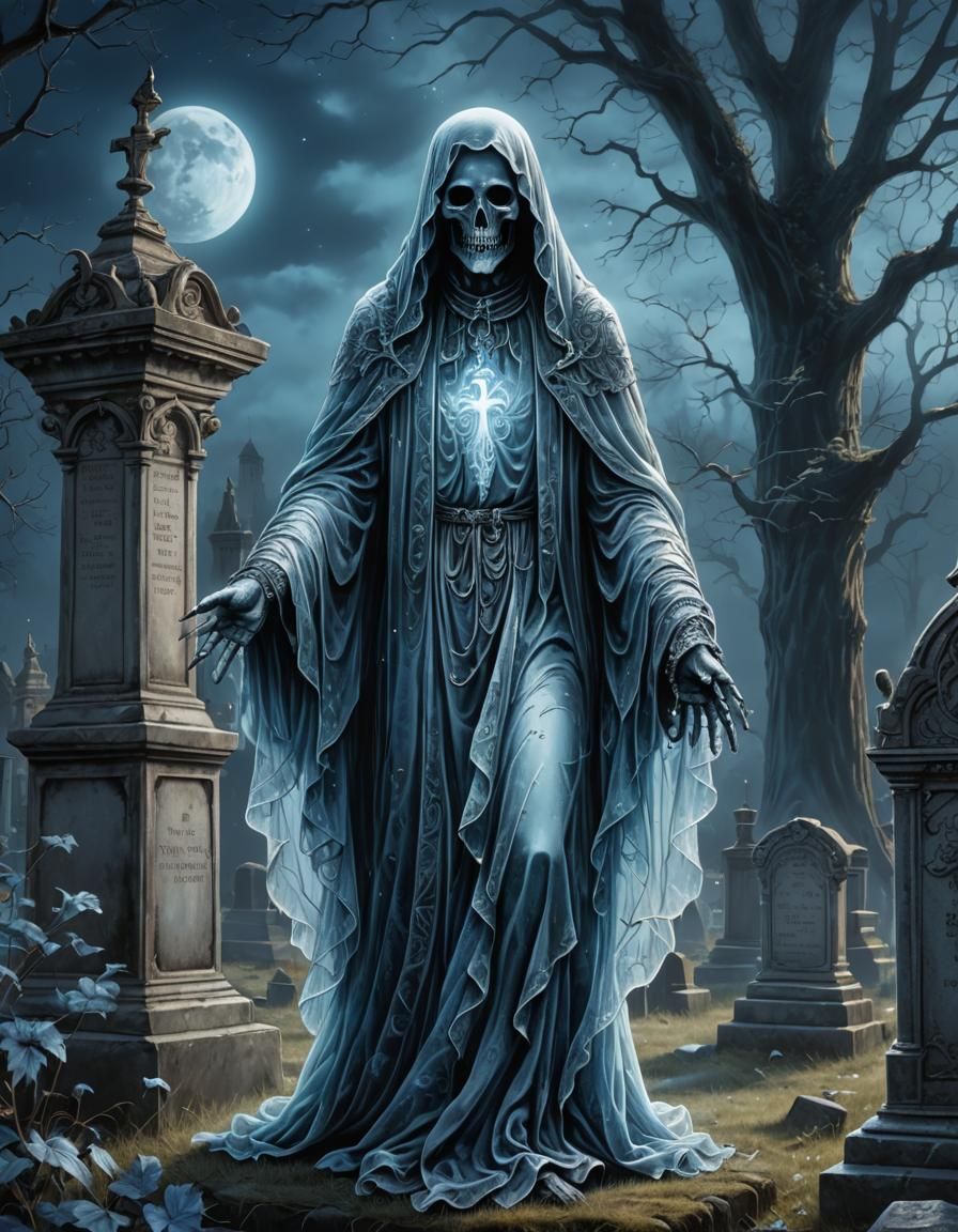 Ethereal Ghost in Victorian Graveyard, Digital Painting