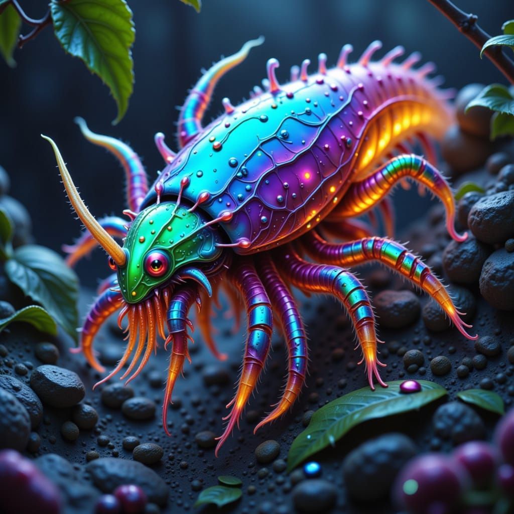 Iridescent Alien Creatures in a Misty Forest