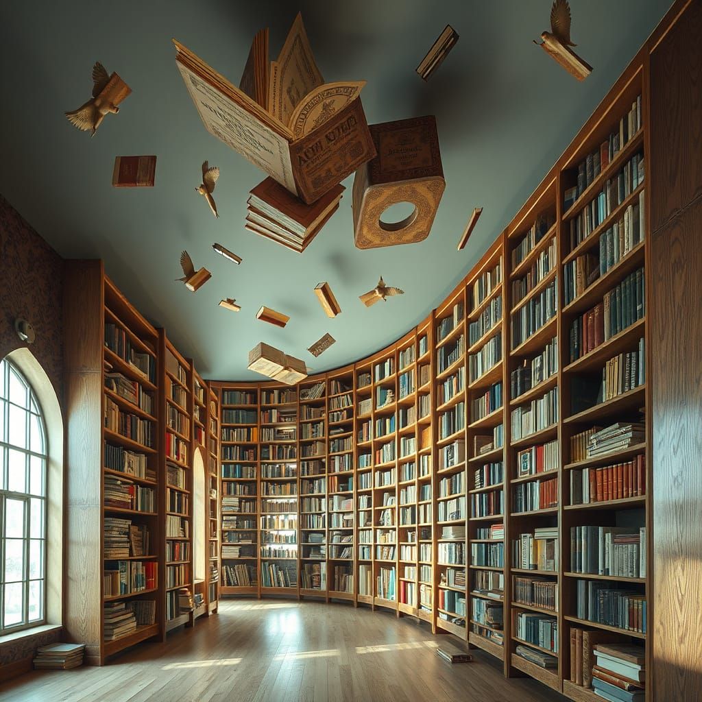 Infinite Library Floating in Space: Hyperrealistic Art