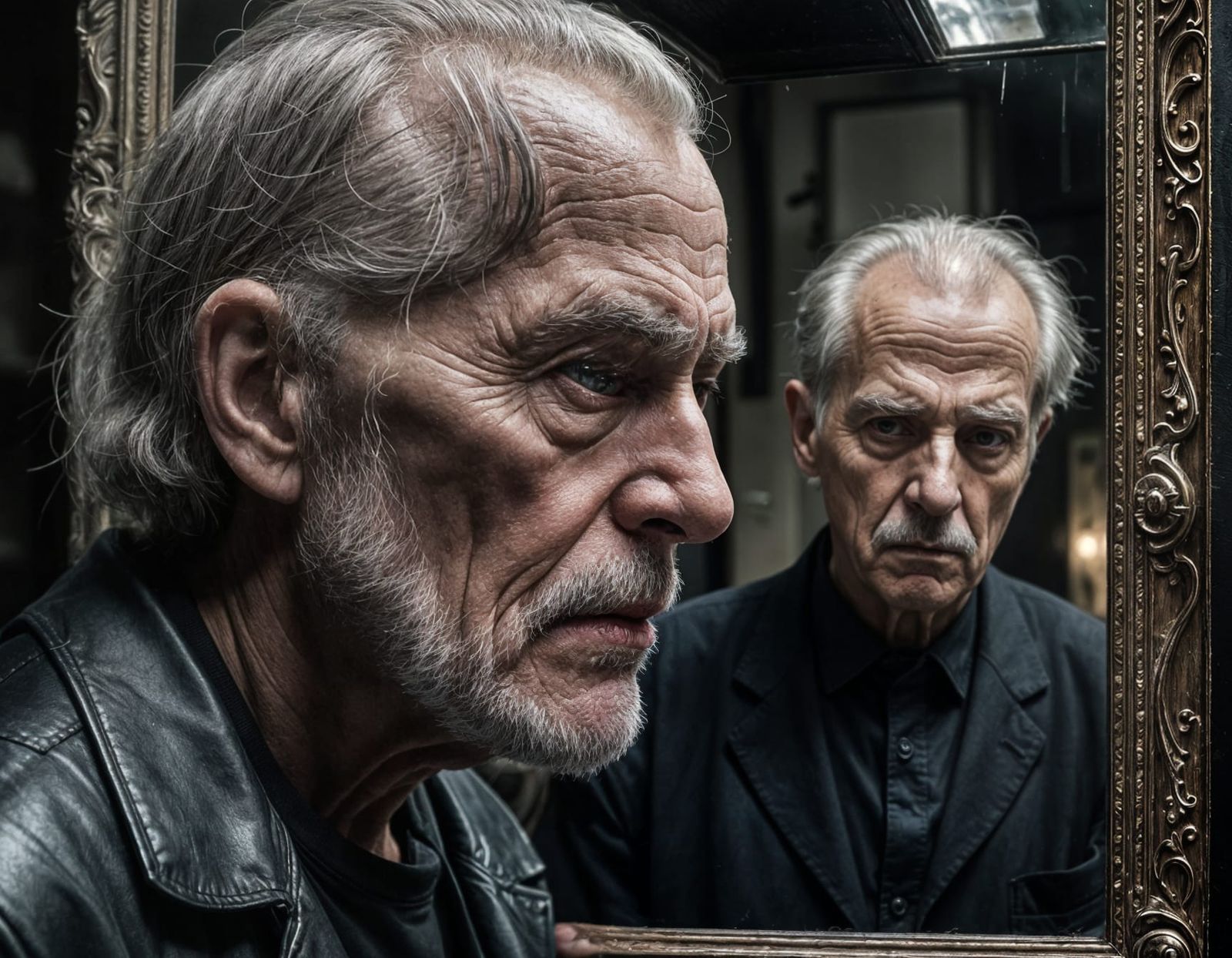 Sinister Reflection: Old Man, Youthful Mirror Image