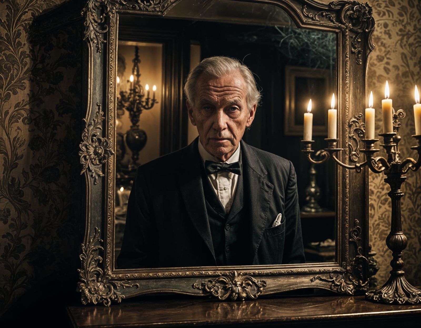 Sinister Reflection: Old Man and Youthful Mirror Image