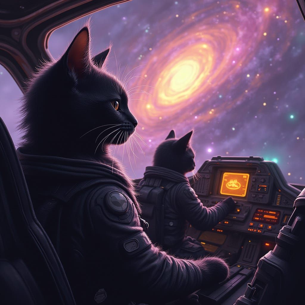Kittens in Space Suits Flying Spaceship