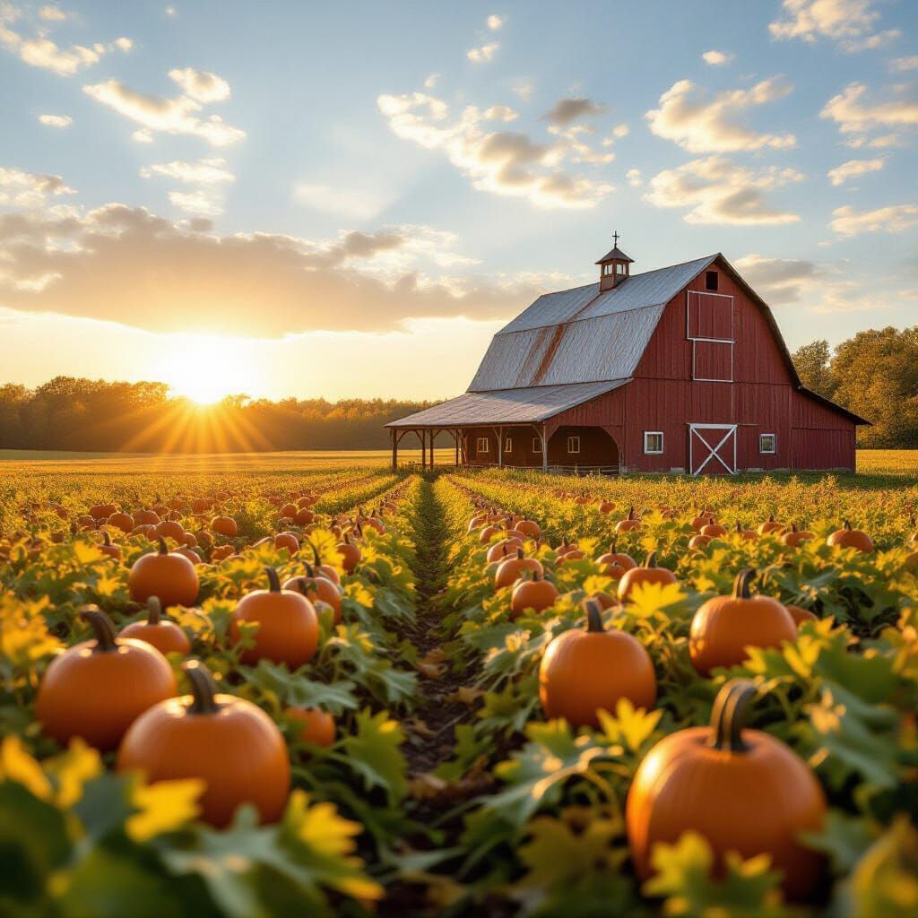 Sun-Drenched Farmhouse and Pumpkin Patch at Golden Hour