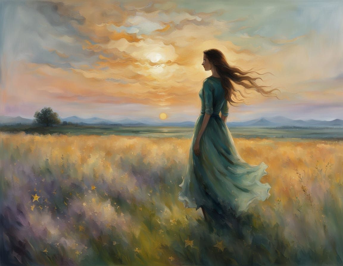 Serene Woman in Windswept Field at Dusk, with Stars and Moun...