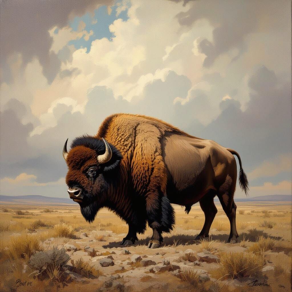 Majestic Bison in Earthy Tones, Impasto Oil Painting