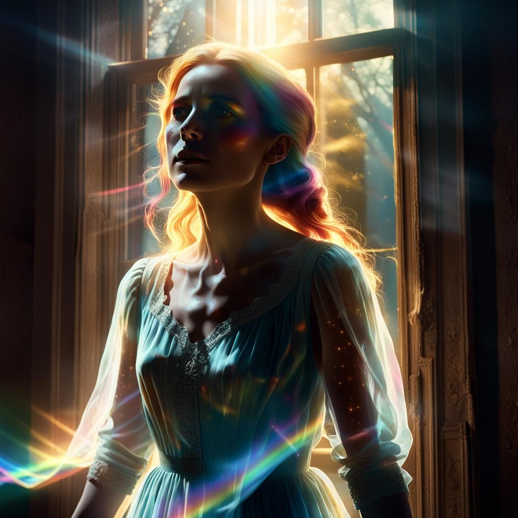 Ethereal Woman Radiating Light in Old Mansion