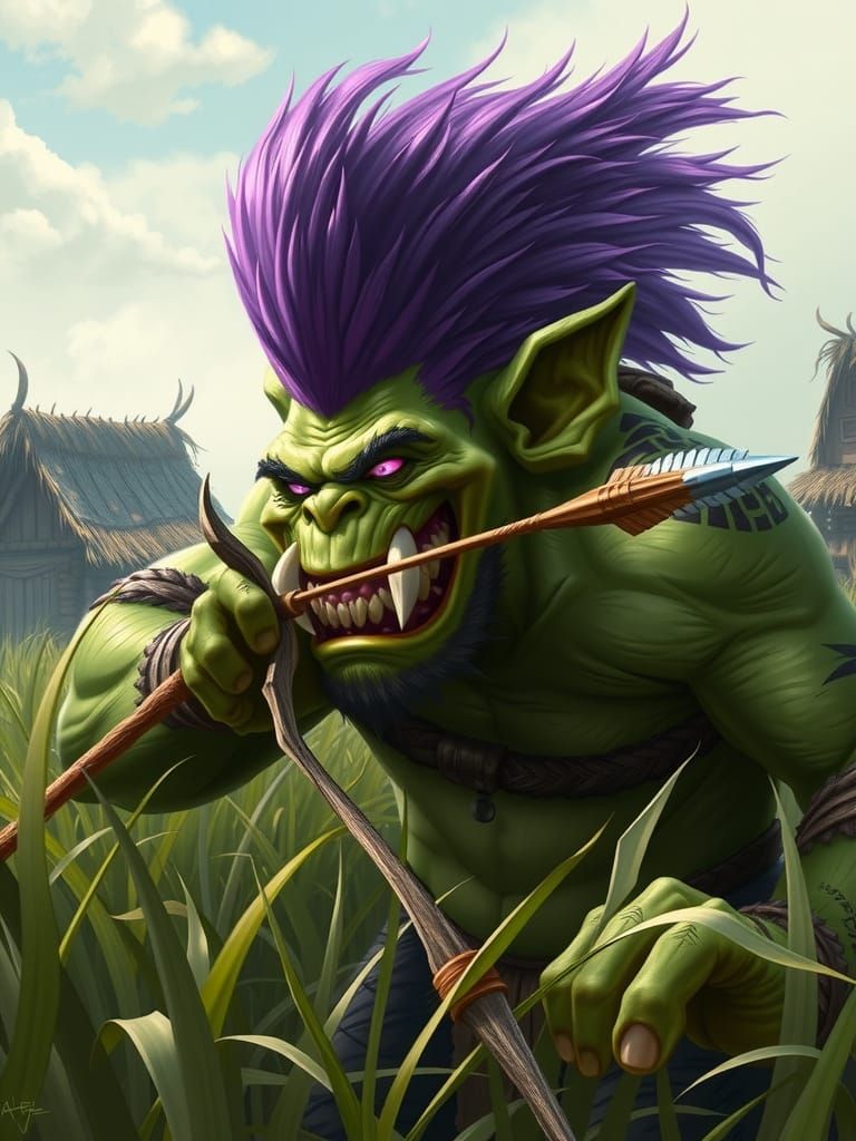 Warcraft style of troll, green skin, giant purple Mohawk, purple eyes, large tusks,  face and body paint, hunched over w...