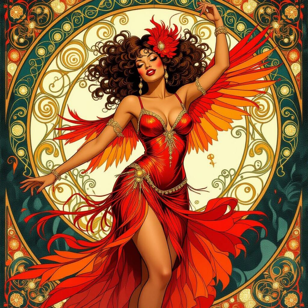Art Nouveau Robin Woman in Fiery Dance