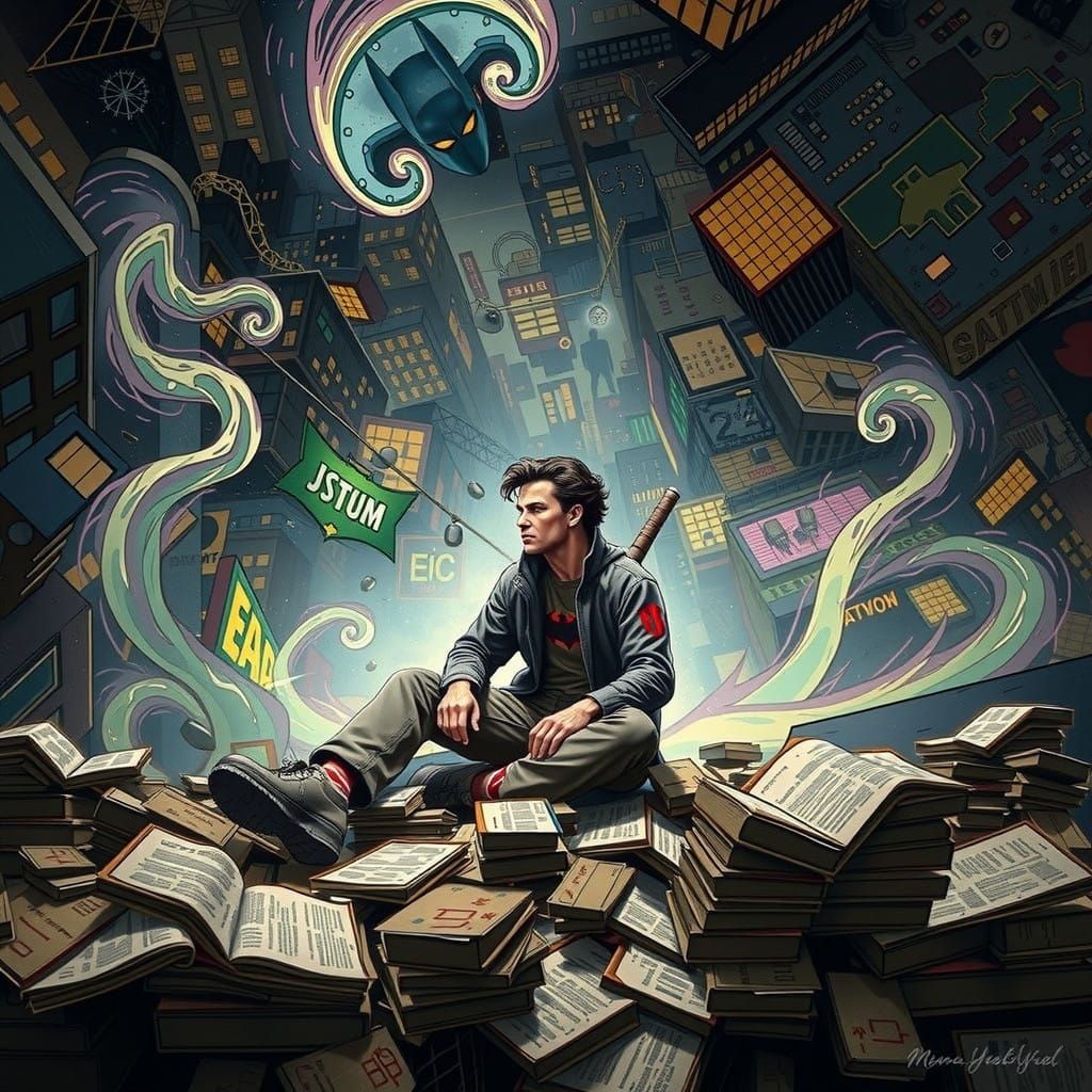 Red Hood Standing atop Gotham City Rooftop in Jim Lee Style