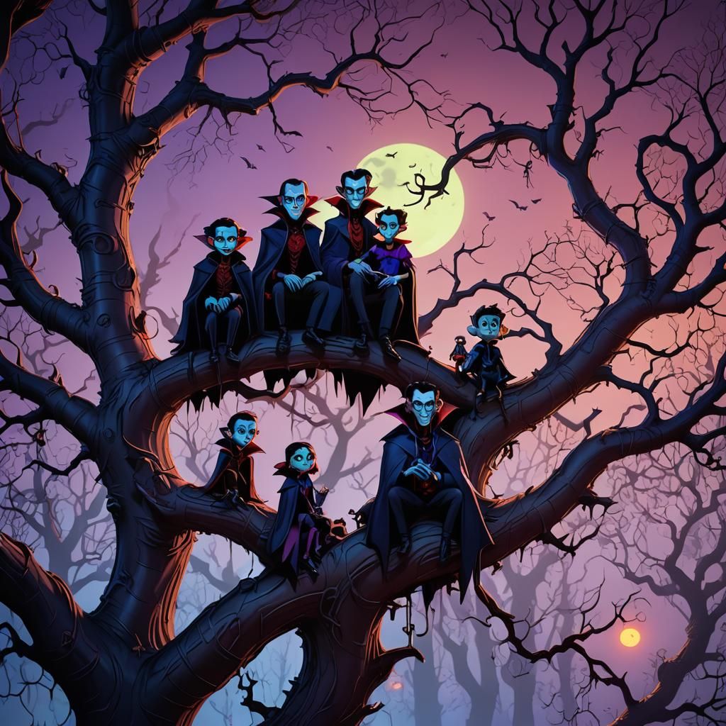 Vampire Family in Haunted Forest: Cartoon Art