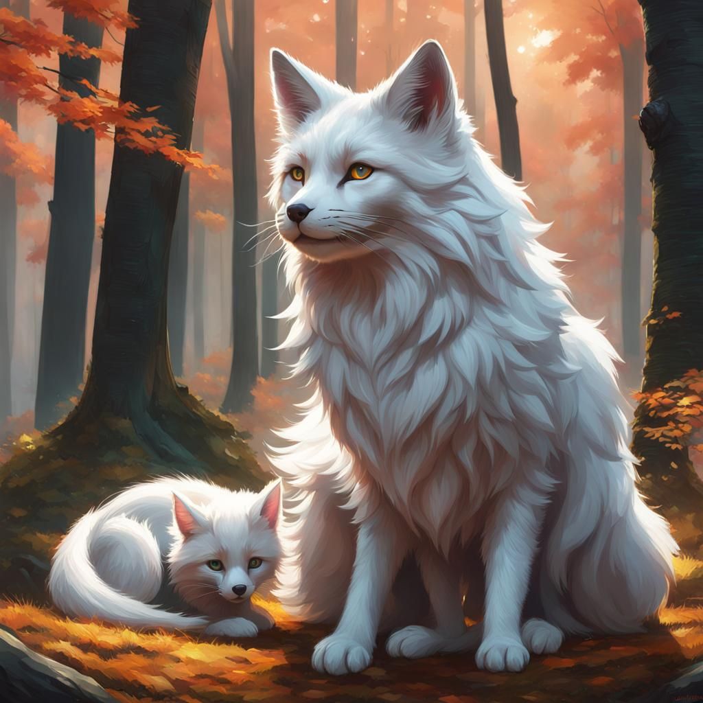 Cat-Fox Hybrid Portrait in Forest, Hyperdetailed Art