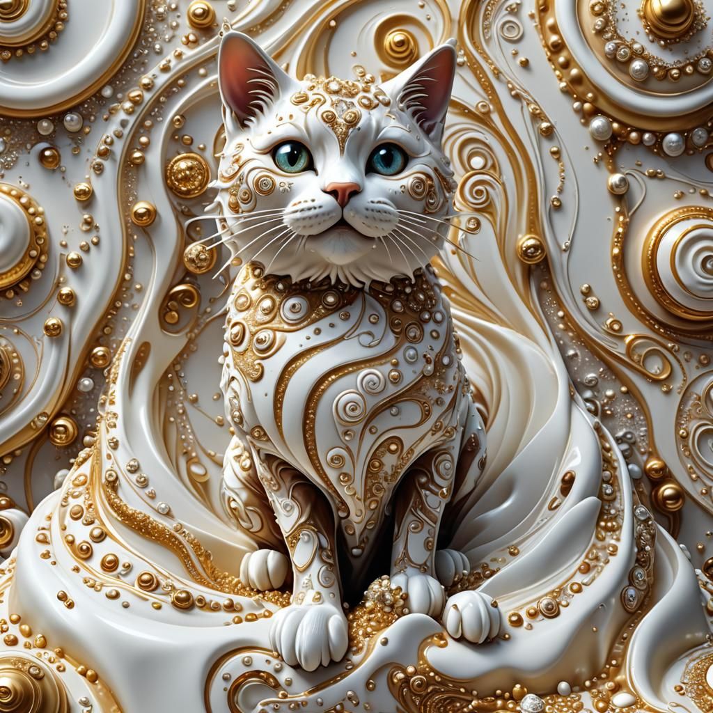 Surreal Fractal Cat Dessert with Shimmering Pralines
