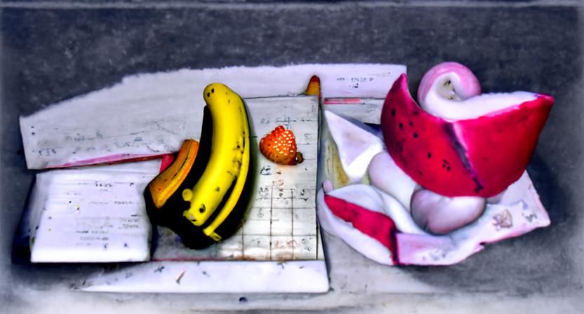 Non-Euclidean Still Life with Banana and Strawberry