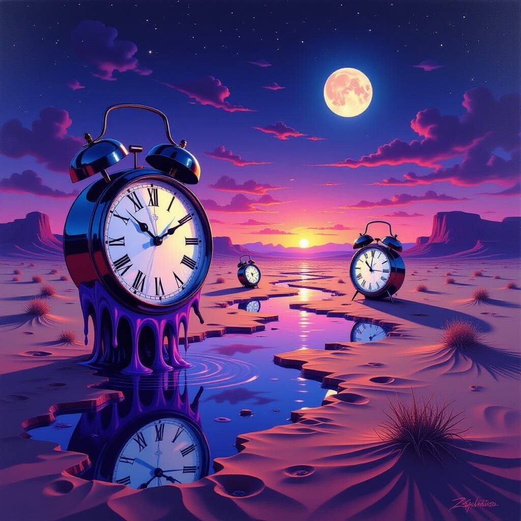 Surreal Twilight Desert Melting Clocks Oil Painting