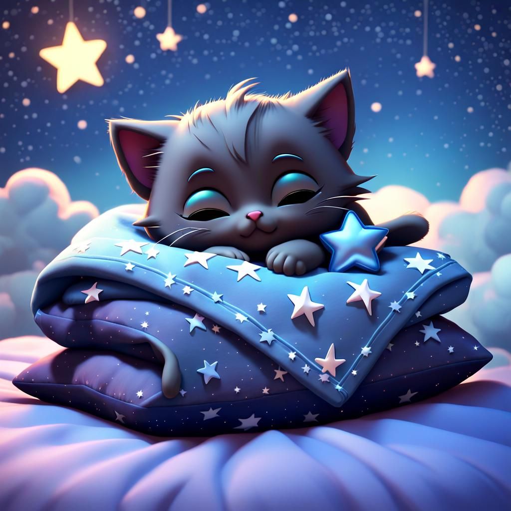 Chibi Kitten Sleeping Under Starry Night Sky