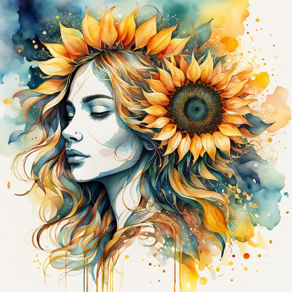 Watercolor Silhouette with Sunflower in Golden Light
