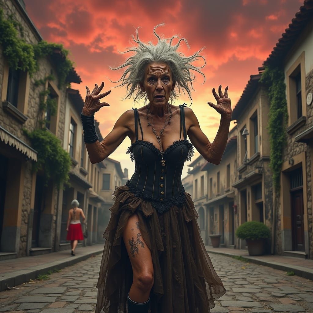 Insane Elderly Woman in Tattered Clothing on Street