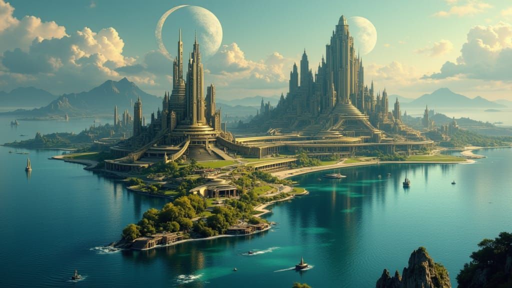 Ancient Gleaming City on Mountain Island