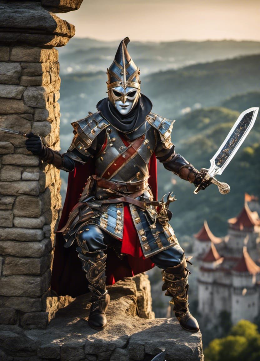 Armored Harlequin Jester Assassin on Castle Ledge