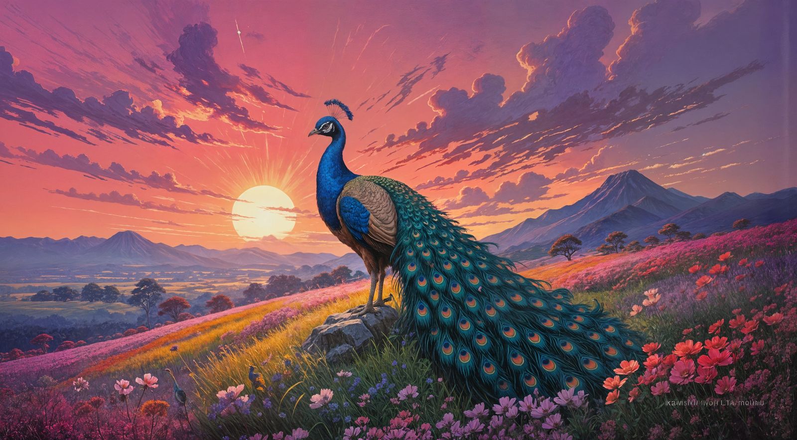 Majestic Peacock in Nihonga Style Sunrise Field