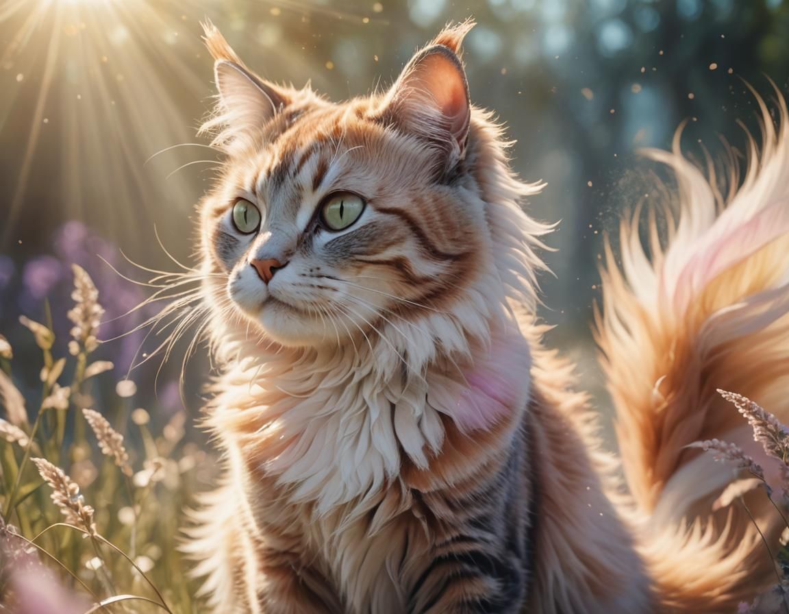 Colorful Cat Playing in Sunbeam, Fantasy Illustration