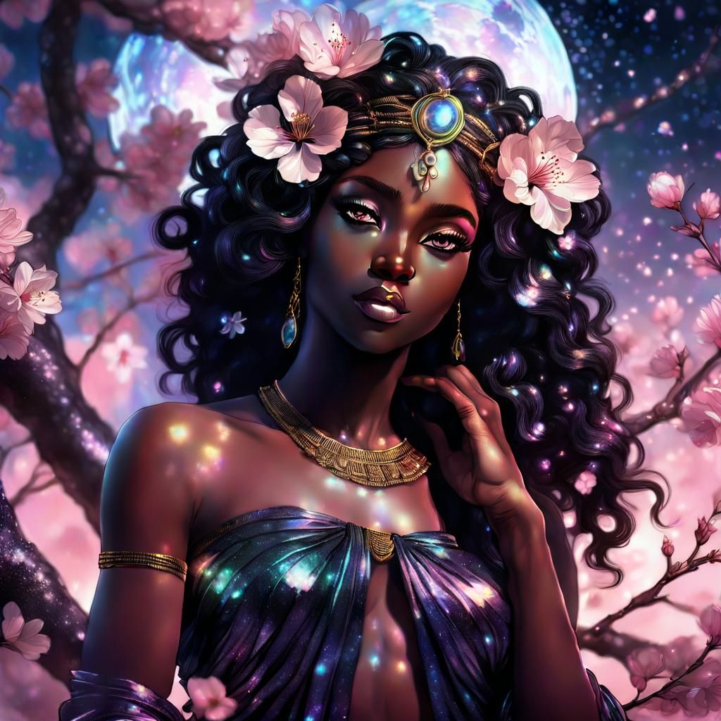 Black Greek Goddess with Cherry Blossom Background
