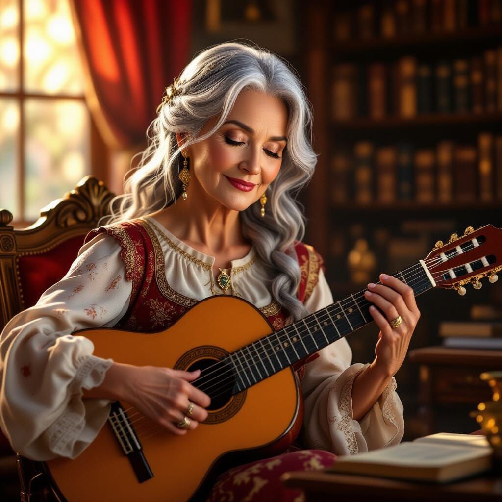 pretty older woman Learning to play the guitar