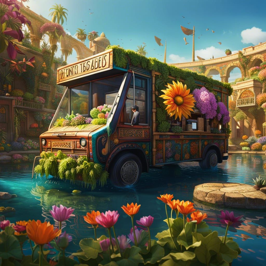 Floating Botanist Shop in Babylon, Hyperrealistic Art