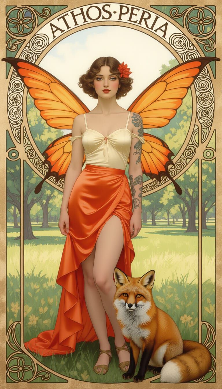 Fae Figure with Fox in Art Nouveau Style